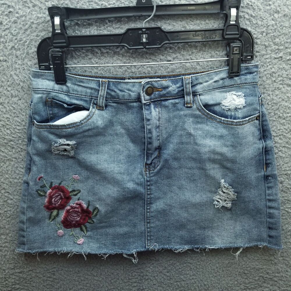 Angel Kiss L Raw Hem Floral Blue Straight & Pencil Jean Skirt 30.25" 14" "